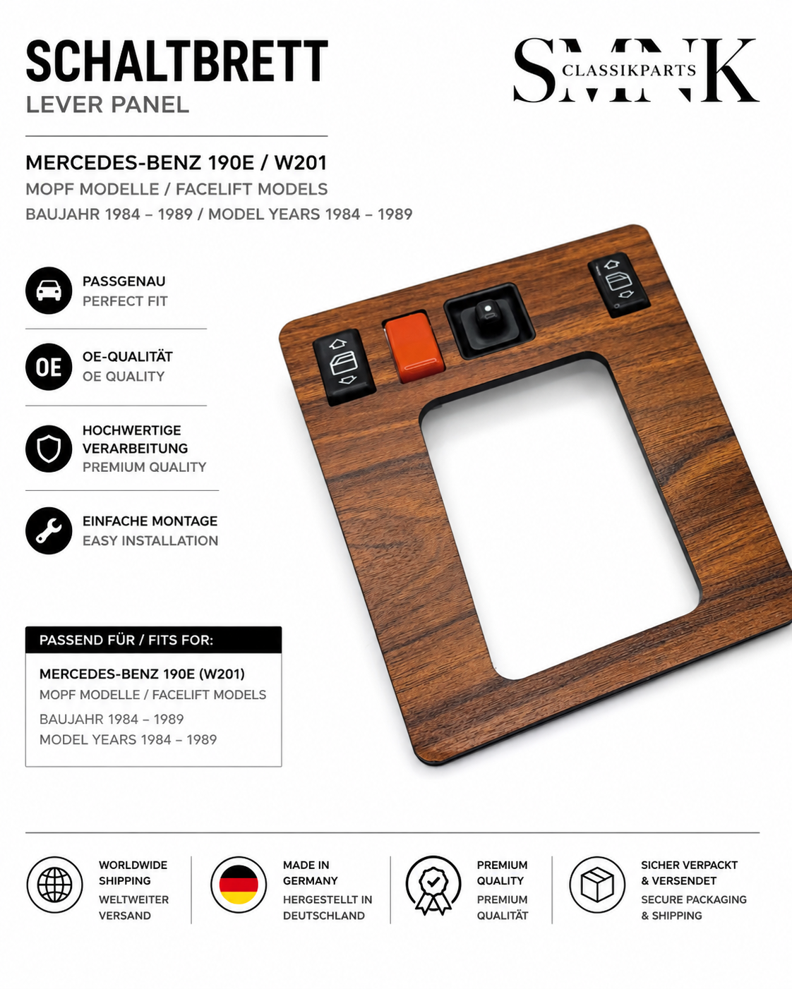 Mercedes W201 190E Schaltbrett Nachfertigung NEU Holz Variation C Lever panel Wood NEW Reproduction